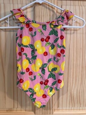 Mini Boden Pink Swimsuit One Piece Ruffle Yellow and Green Fruit‎ Print 7-8